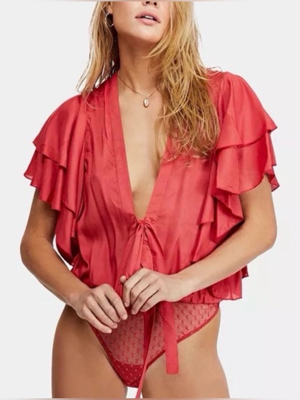 Free People Ruffle Plunge Bodysuit Red Ruffle Sleeve Tie Front XS